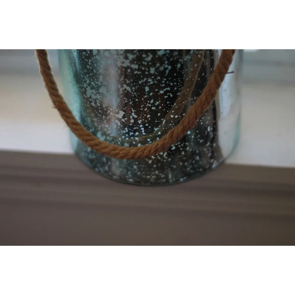 Mark Feldstein Mercury Teal Glass Canister Jar Vase Candle Holder Jute Handle